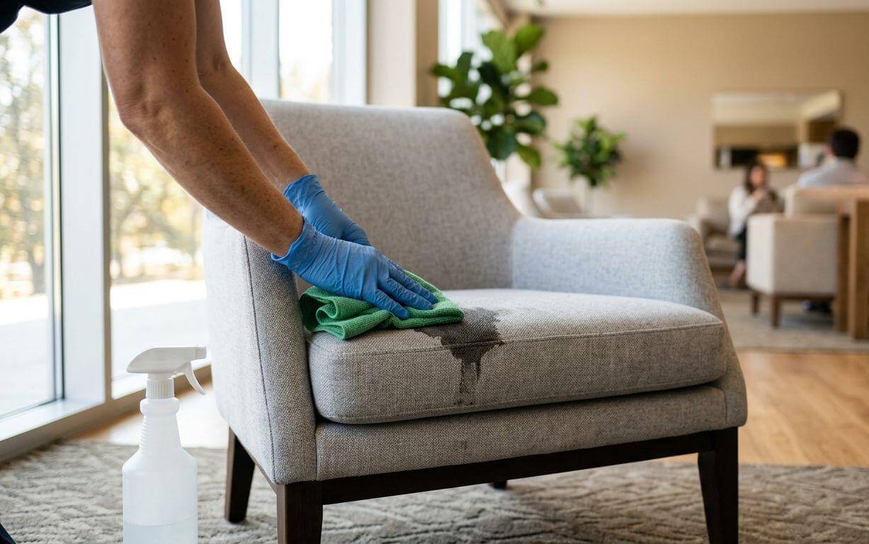 doczyszczanie plamy na tapicerce fotela w lobby hotelowym ściereczką z mikrofibry