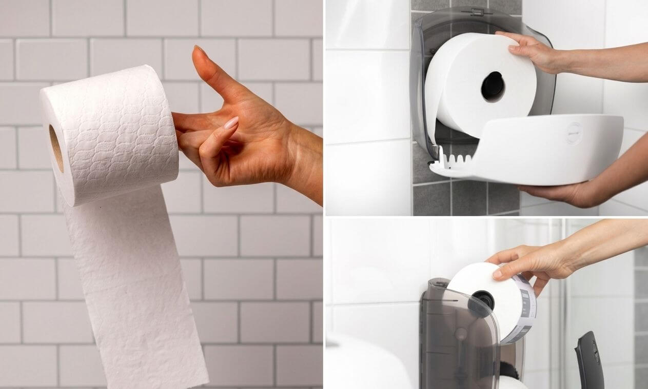 Trzy systemy papieru toaletowego do firmy – mała rolka, Jumbo i papier systemowy w dozowniku w nowoczesnej toalecie biurowej