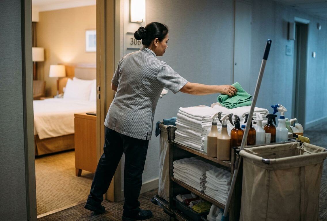 pokojówka z wózkiem serwisowym przygotowująca pokój hotelowy według checklisty housekeepingu