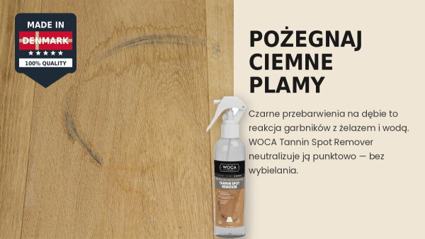 czarne plamy od wody na parkiecie dębowym i produkt woca tannin remover który je usuwa